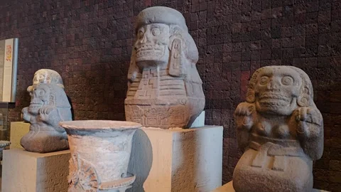 Stone Skeleton Deity and Goddess Statues in Detail, Mexico 8K Stock Footage 340369876
