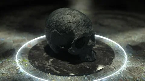 A stone skull on a black marble platform. Slavery and imprisonment concept. 3 Stock Illustration