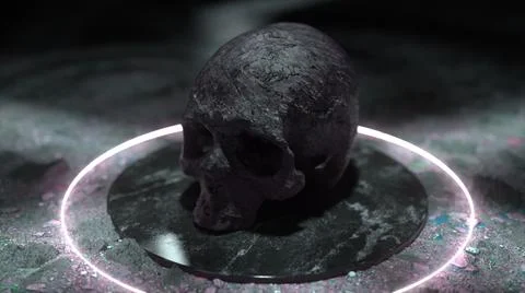 A stone skull on a black marble platform. Slavery and imprisonment concept. 3d Stock Illustration