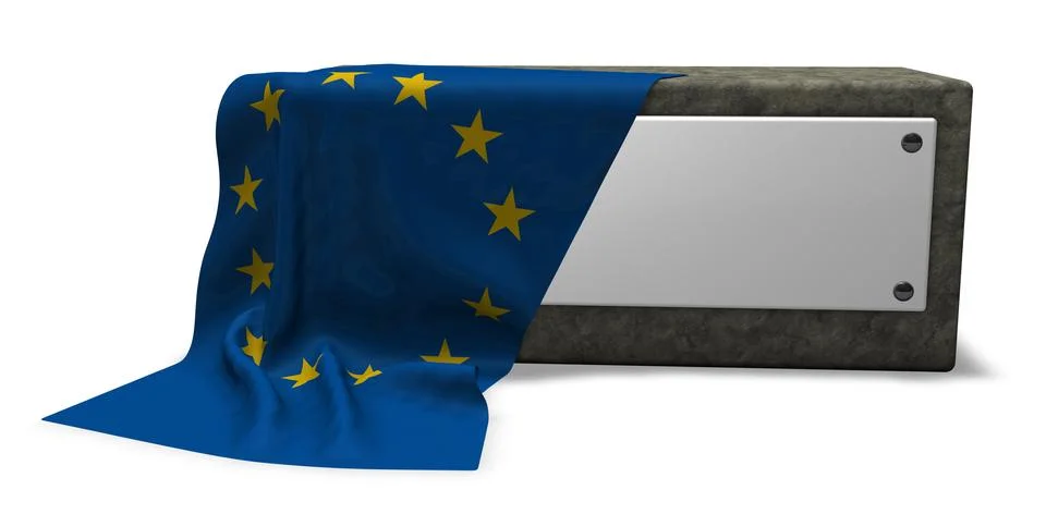 Stone socket with blank sign and flag of the european union - 3d rendering Stock Illustration