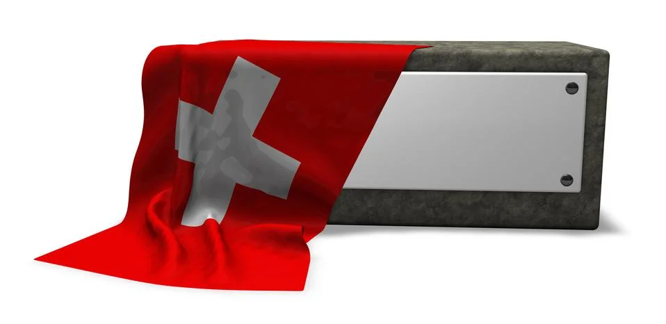 Stone socket with blank sign and flag of switzerland - 3d rendering Stock Illustration