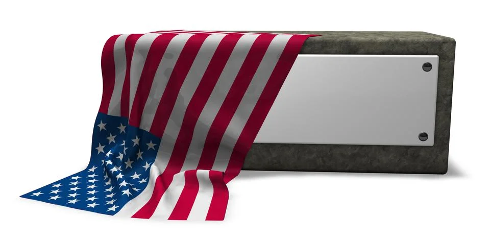Stone socket with blank sign and flag of usa - 3d rendering Stock Illustration