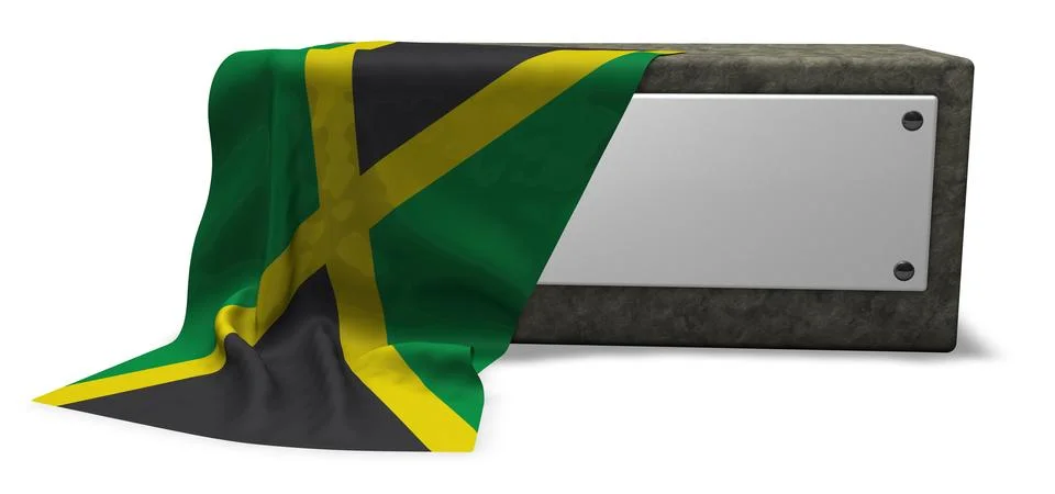 Stone socket with blank sign and flag of jamaica - 3d rendering Illustrazione stock