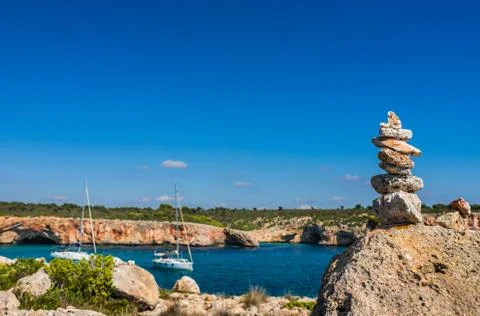 Stone stack at the coast of Majorca island, Spain Mediterranean Sea Stock Photos
