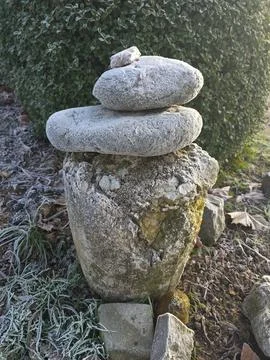 Stone Stack With Evergreen Plant Foto stock
