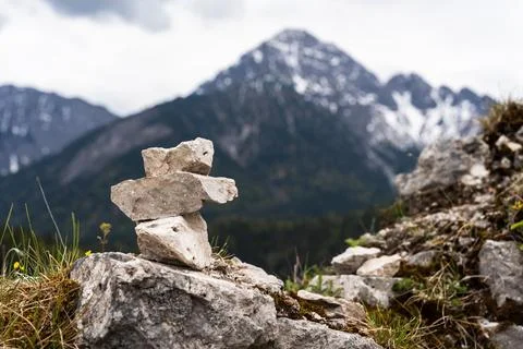 Stone Stack with Snowy Peak Foto stock