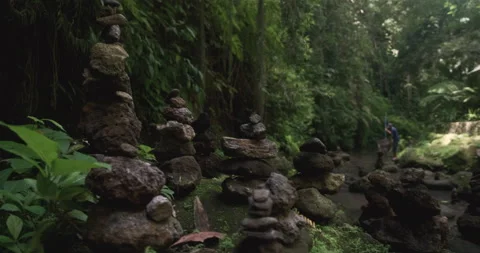 Stone Stacking Cairn on The River in The Middle of the Jungle Stock Footage 238460296