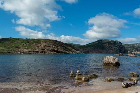Stone stacking on the coast Stock Photos