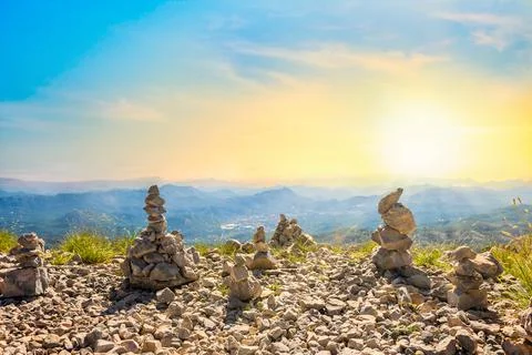 Stone stacks in mountains Stock Photos