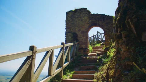 Stone stairs inside medieval castle ruins leading upward Video stock 327569037