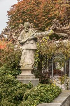 Stone statue with colored leaves of a tree and ivy Stockfoto's
