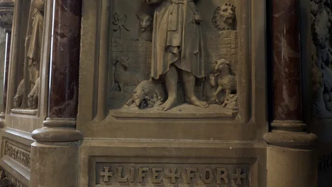 Stone Statue of David Shepherd with Sheep. Gothic Medieval Architecture Church Stock Footage 129228990