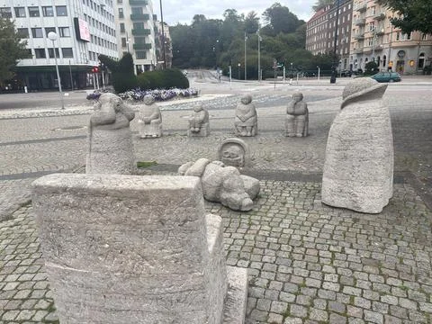 Stone statues depicting performance, Helsingborg City Theatre Stock Photos