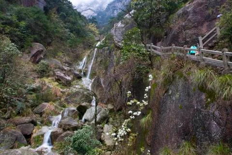 Stone Steep Steps . Trekking walking hiking Huangshan Mountain. Anhui, China. Stock Photos