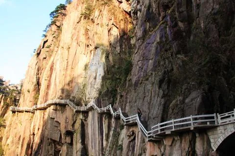 Stone Steep Steps . Trekking walking hiking Huangshan Mountain. Anhui, China. Stock Photos