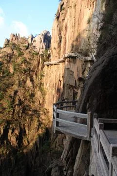 Stone Steep Steps . Trekking walking hiking Huangshan Mountain. Anhui, China. Stock Photos