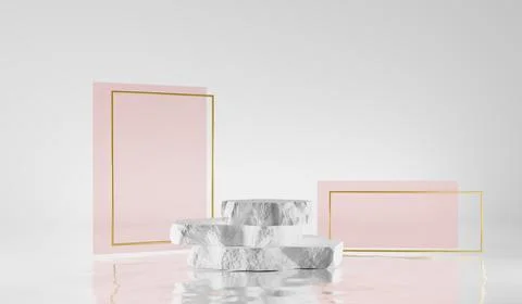 Stone step podium with and abstract pink geometric figures and golden rectangle Illustrazione stock