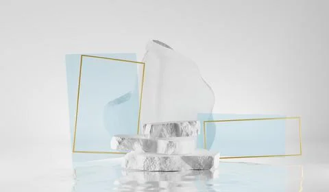 Stone step podium with golden rectangle frames and blue abstract geometric 스톡 일러스트