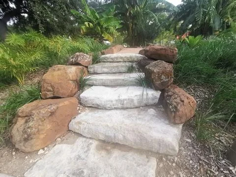 Stone Step Walkway in Nature - Pathway through the Forest Trees Stock Photos
