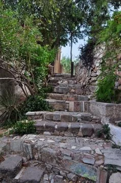 Stone steps with ancient symbols 스톡 사진
