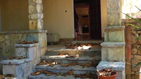Stone steps covered with dry leaves lead to the front door of the house Stock Footage 312468244