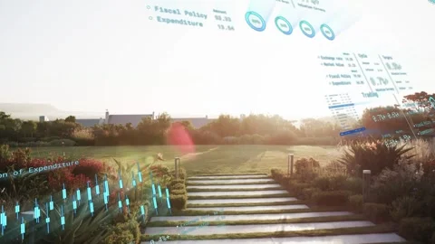 Stone steps hosting cyan markers, sun glare sparking panels, camera tilting Stock Footage 333670925