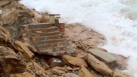 Stone Steps Leading to Rough Sea Stock-Footage 330874284