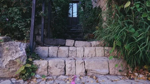 Stone steps leading through a blooming pink bush to the wooden doors. Stock Footage 97921974