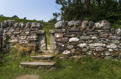 Stone stile steps through a lichen covered drystone wall at Carnasserie Cas.. Фото