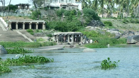 Stone structure of ancient temple near river. Stock Footage 105287914