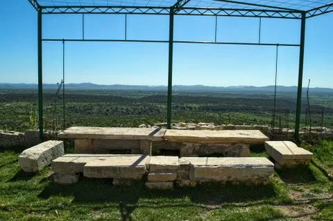 Stone table, and view on valley from Bribir fortress, Dalmatia Stock Photos