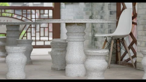 Stone Tables and Stools in Outdoor Pavilion, No People Stock Footage 330708227