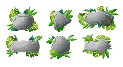 Stone tablets or stone banners overgrown with plants realistic vector isolated. Stock Illustration
