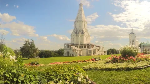 Stone temple and flower beds in the park timelapse Stock Footage 87208723
