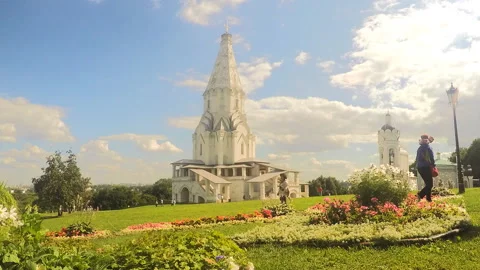 Stone temple and flower beds in park timelapse Stock Footage 87223510