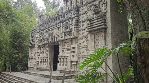 Stone Temple Facade Framed by Philodendron Leaves, Mexico 8K Video stock 340371287