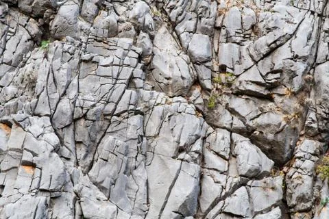 Stone texture close-up. Gray rock with cracks and with a rare green moss on i Stock Photos