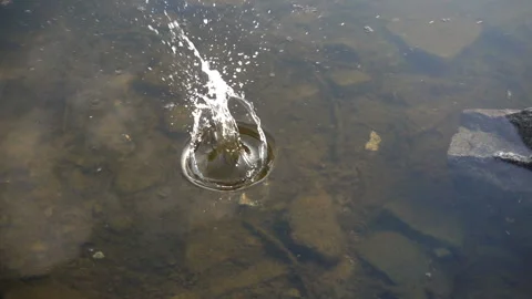 The stone is thrown in slow motion to the surface of water Stock Footage 129556890
