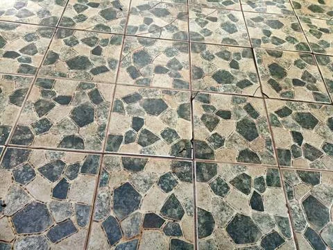 Stone tile floor with circular patterns in a garden setting Stock Photos