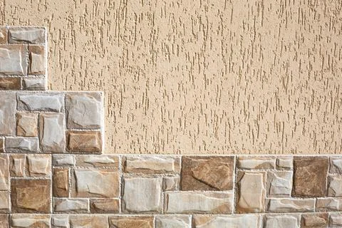 Stone tiles in the form of steps made of rectangular fragments of beige and s 写真素材
