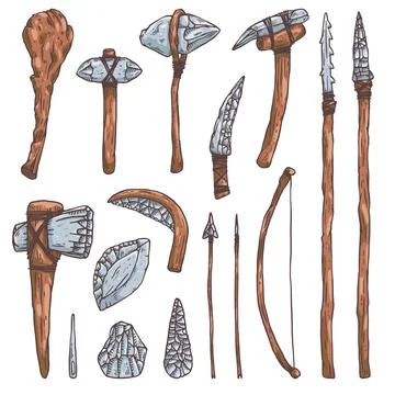 Stone tools and weapons of prehistoric man, sketch vector illustration isolated. 스톡 일러스트