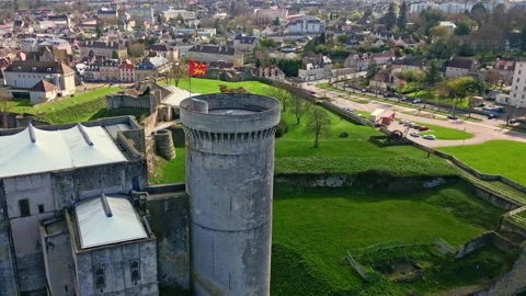 Stone tower of historic Château de Falaise, William the Conqueror's castle Stock Footage 310219096