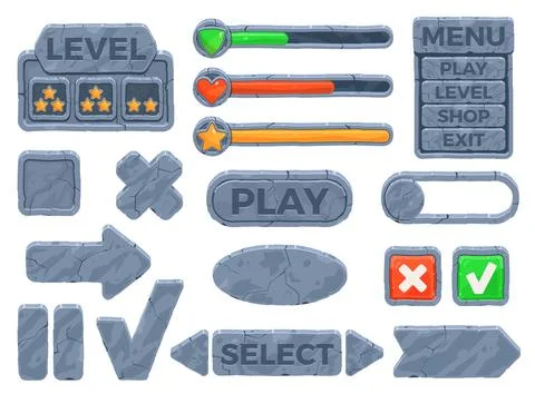 Stone ui frames and buttons. Medieval rpg elements, rock texture boards 스톡 일러스트