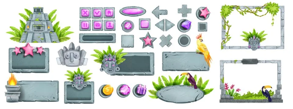 Stone UI game button set, rock Maya jungle menu panel frame kit Illustrazione stock