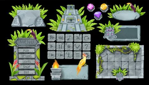 Stone UI game element set, tropical rock button kit, vector menu background Stock Illustration