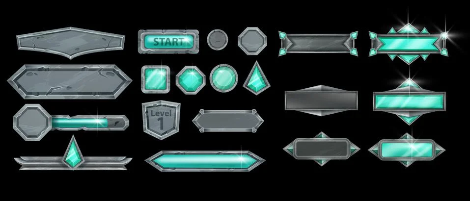 Stone UI game frame set, rock vector user interface button kit green gemstone Illustrazione stock