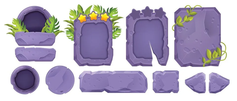Stone UI game kit, vector jungle rock tablet set, medieval RPG cracked frame Stock Illustration