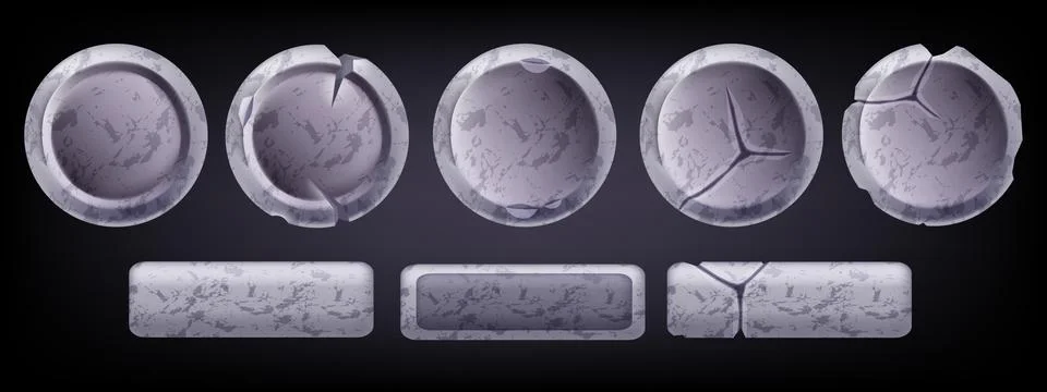 Stone vector button set, RPG UI rock frame game asset, cracked round granite Ilustración de archivo