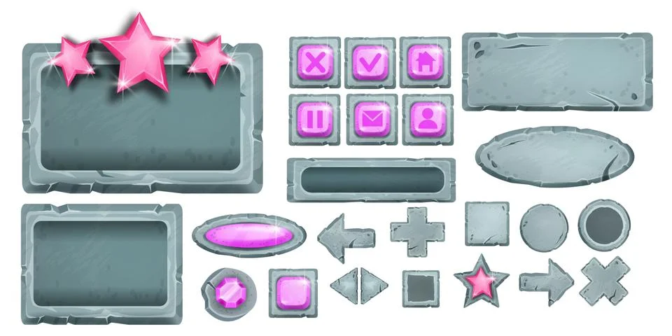 Stone vector game button set, user interface cartoon icon, cracked rock menu Stockillustratie