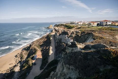 Stone viewpoint wall with ocean view in Santa Cruz Portugal 스톡 사진